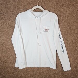 Vineyard Vines Women Whale LAX LS Graphic Hoodie Pocket T-Shirt Medium White